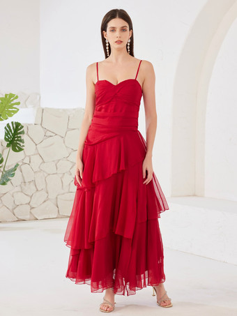 レッド 赤いパーティードレス、ティアードスカート、スパゲッティストラップ、女性用エレガントなマキシドレス 2026