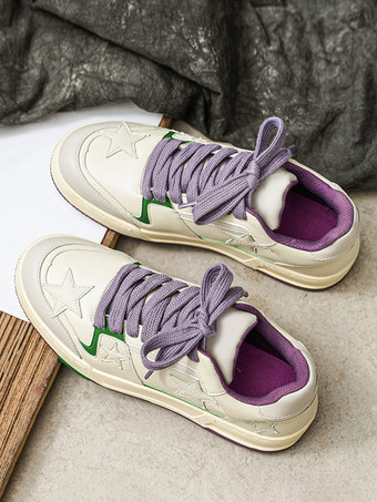 Zapatillas blancas de mujer con punta redonda y estampado de estrellas con cordones y estilo informal