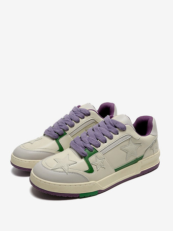 Zapatillas blancas de mujer con punta redonda y estampado de estrellas con cordones y estilo informal