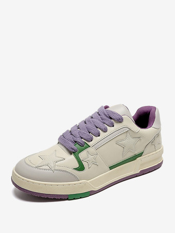 lavanda Zapatillas blancas de mujer con punta redonda y estampado de estrellas con cordones y estilo informal