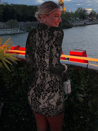 ミニレースドレス、カットアウト、長袖、ハイネック、セクシー、ボディコン、クラブドレス、レディース 2025