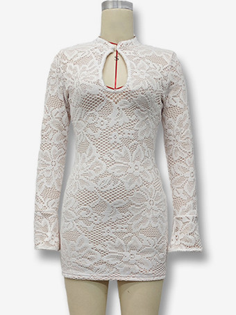 ミニレースドレス、カットアウト、長袖、ハイネック、セクシー、ボディコン、クラブドレス、レディース 2025