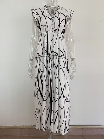 花柄ドレス Vネック フリル袖 夏用ロングドレス レディース 2025