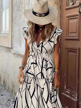 花柄ドレス Vネック フリル袖 夏用ロングドレス レディース 2025