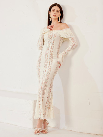 ホワイト レース ドレス オフショルダー ベルスリーブ バースデーパーティー ボディコン マキシドレス レディース 2026