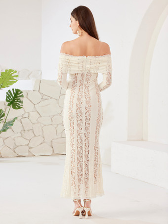 ホワイト レース ドレス オフショルダー ベルスリーブ バースデーパーティー ボディコン マキシドレス レディース 2026