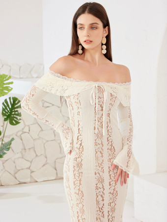 ホワイト レース ドレス オフショルダー ベルスリーブ バースデーパーティー ボディコン マキシドレス レディース 2026