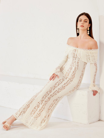 ホワイト レース ドレス オフショルダー ベルスリーブ バースデーパーティー ボディコン マキシドレス レディース 2026