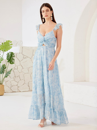 ライトスカイブルー青いフリル袖のフローラルマキシドレス Vネック サマードレス レディース 2026