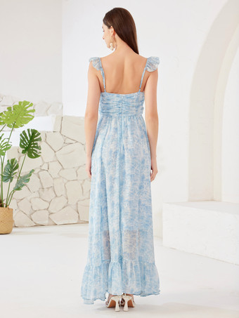 青いフリル袖のフローラルマキシドレス Vネック サマードレス レディース 2026