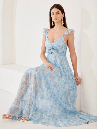 青いフリル袖のフローラルマキシドレス Vネック サマードレス レディース 2026