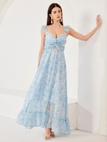 青いフリル袖のフローラルマキシドレス Vネック サマードレス レディース 2026