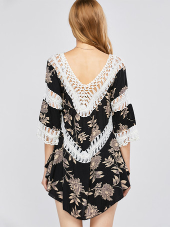 ボヘミアンプリントカバーアップ Vネッククロシェトップ レディース 2025