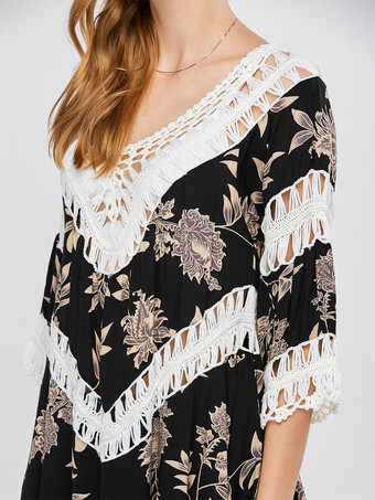 ボヘミアンプリントカバーアップ Vネッククロシェトップ レディース 2025