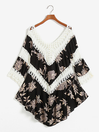 ボヘミアンプリントカバーアップ Vネッククロシェトップ レディース 2025