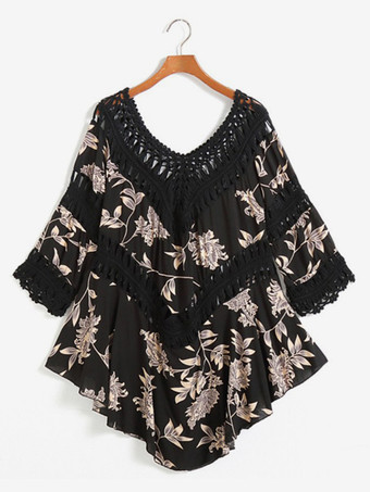 ブラック ボヘミアンプリントカバーアップ Vネッククロシェトップ レディース 2025