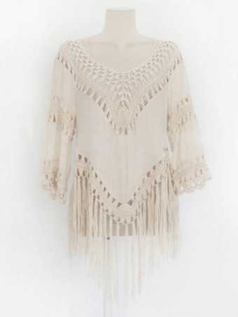 タッセル付きボヘミアンカバーアップ Vネッククロシェトップ レディース 2025