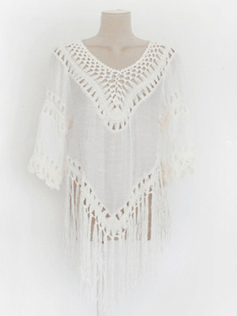 ホワイト タッセル付きボヘミアンカバーアップ Vネッククロシェトップ レディース 2025