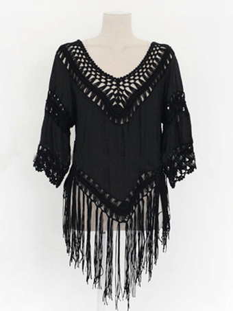 ブラック タッセル付きボヘミアンカバーアップ Vネッククロシェトップ レディース 2025