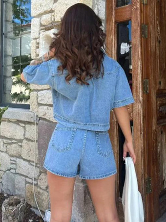 デニムツーピースコーデセット クロップドトップスとショートパンツ 夏コーデ レディース 2025