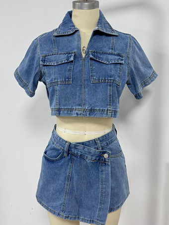 デニムツーピースコーデセット クロップドトップスとショートパンツ 夏コーデ レディース 2025