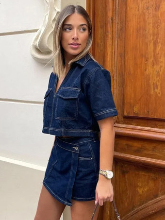 デニムツーピースコーデセット クロップドトップスとショートパンツ 夏コーデ レディース 2025