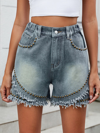 ブルー 切りっぱなしの裾にスタッズディテールを施したデニムショートパンツ レディース カジュアル ショートパンツ 2025