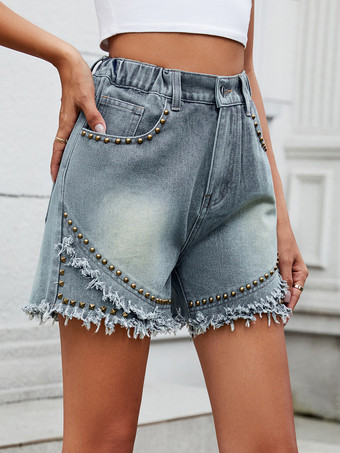 切りっぱなしの裾にスタッズディテールを施したデニムショートパンツ レディース カジュアル ショートパンツ 2025