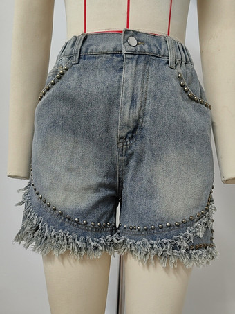 切りっぱなしの裾にスタッズディテールを施したデニムショートパンツ レディース カジュアル ショートパンツ 2025