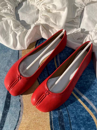レッド レディース バレエ フラット デザイン トゥ スリップオン フラット パンプス