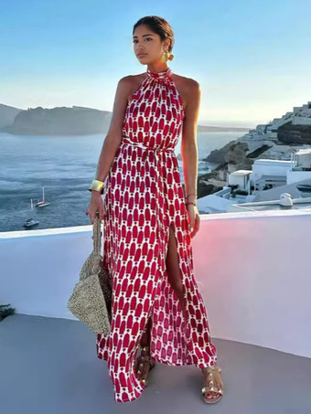 レッド 赤いホルターネックのボヘミアンプリントマキシドレス、夏用エレガントスリットドレス、女性用 2025