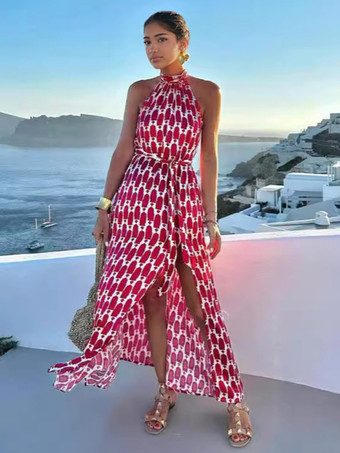 赤いホルターネックのボヘミアンプリントマキシドレス、夏用エレガントスリットドレス、女性用 2025