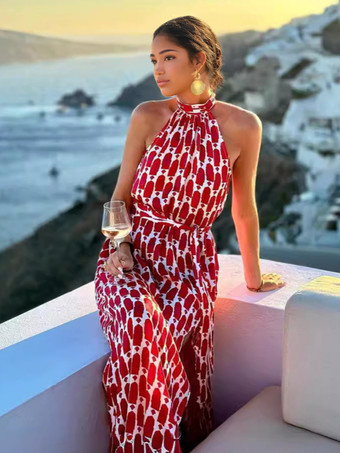 赤いホルターネックのボヘミアンプリントマキシドレス、夏用エレガントスリットドレス、女性用 2025