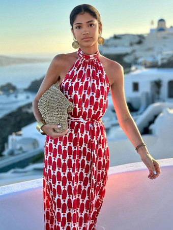 赤いホルターネックのボヘミアンプリントマキシドレス、夏用エレガントスリットドレス、女性用 2025