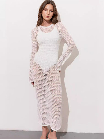 ハイスリット V ネック 長袖 ビーチ マキシドレス レディース カバーアップ 2025