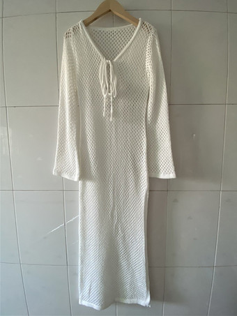 ハイスリット V ネック 長袖 ビーチ マキシドレス レディース カバーアップ 2025