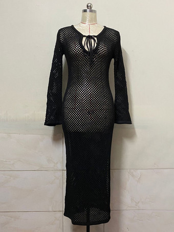 ハイスリット V ネック 長袖 ビーチ マキシドレス レディース カバーアップ 2025