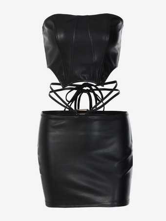 フェイクレザーの2点セット チューブトップとミニスカートの夏服 2025年女性用