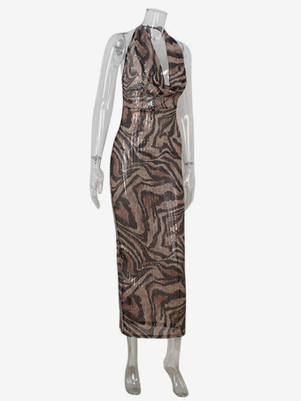 ヒョウ柄マキシドレス Vネック オープンバック セクシー シアー クラブドレス レディース 2025