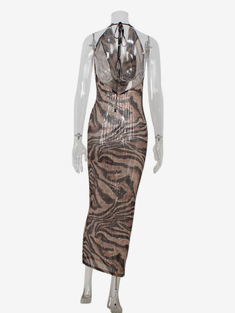 ヒョウ柄マキシドレス Vネック オープンバック セクシー シアー クラブドレス レディース 2025