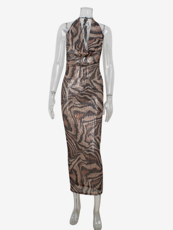 ヒョウ柄マキシドレス Vネック オープンバック セクシー シアー クラブドレス レディース 2025