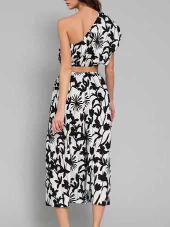 花柄プリントジャンプスーツ ワンショルダー カットアウト リングウエスト ワイドレッグ 夏用レディース 2025