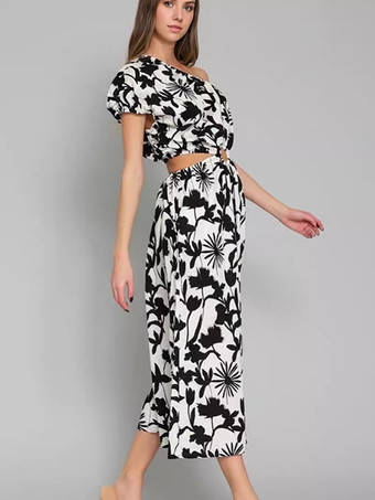 花柄プリントジャンプスーツ ワンショルダー カットアウト リングウエスト ワイドレッグ 夏用レディース 2025