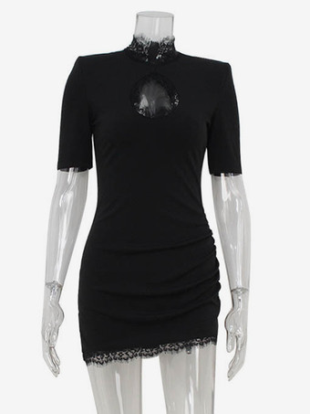 レーストリム付きブラックボディコンミニドレス、ハイネック、セクシークラブドレス、レディース 2025