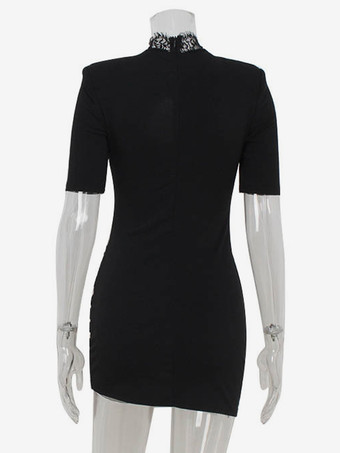レーストリム付きブラックボディコンミニドレス、ハイネック、セクシークラブドレス、レディース 2025