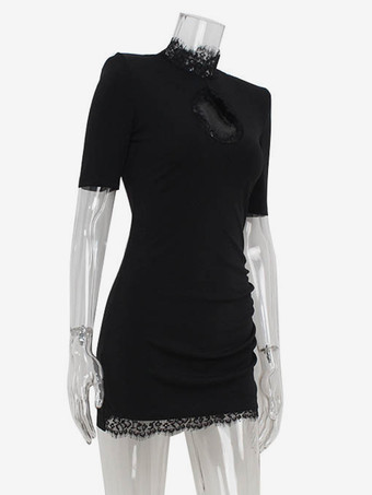 レーストリム付きブラックボディコンミニドレス、ハイネック、セクシークラブドレス、レディース 2025