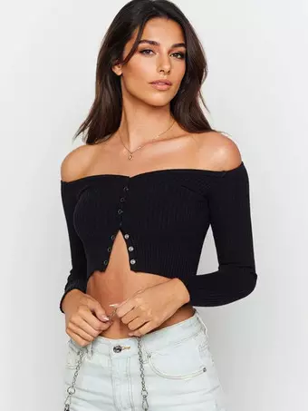 Top Corto Da Donna A Spalle Scoperte Con Maniche Lunghe E Design A Blocchi Di Colore Effetto Usurato