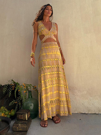 ボヘミアン タイダイ ドレス カットアウト ウエスト V ネック オープンバック マキシ スリット ドレス レディース 2025