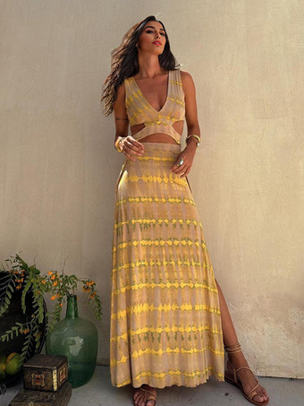 イエローボヘミアン タイダイ ドレス カットアウト ウエスト V ネック オープンバック マキシ スリット ドレス レディース 2025