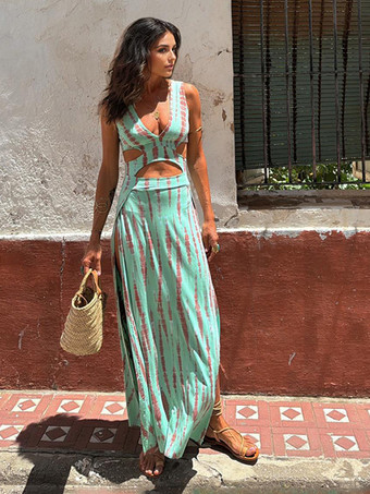 ボヘミアン タイダイ ドレス カットアウト ウエスト V ネック オープンバック マキシ スリット ドレス レディース 2025